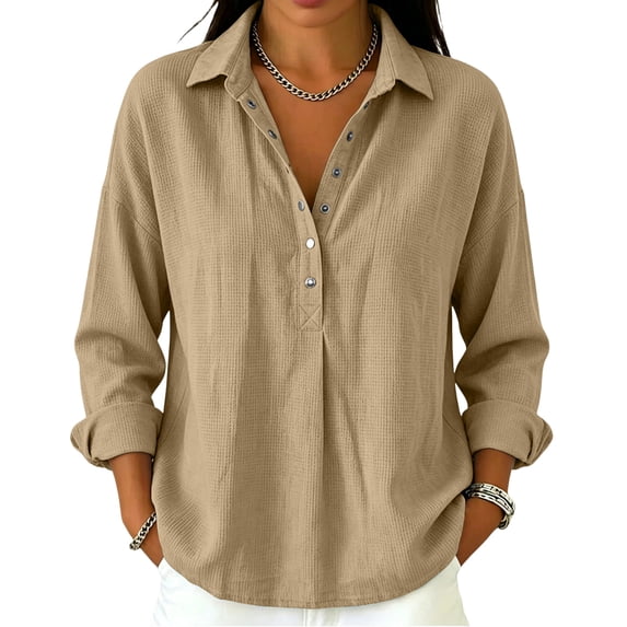 Knit Tops for Women 3/4 Sleeve T-Shirts V Neck Button Up Collared Shirts 2026 Loose Fit Plain Work Blouses