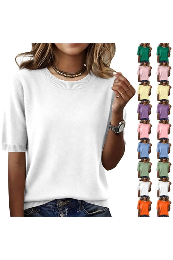 Knit Tops for Women Crew Neck Short Sleeve Wool Blend Sweater Shirts Soft Business Casual Daily Wear Summer Dressy Blouses, #02 Beige, M