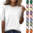 thumbnail image 1 of Knit Tops for Women Crew Neck Short Sleeve Wool Blend Sweater Shirts Soft Business Casual Daily Wear Summer Dressy Blouses, #02 Beige, S, 1 of 7