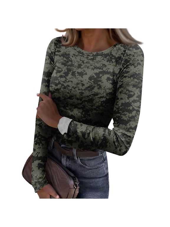 Knit Tops for Women Long Sleeve Stretch Camo Ribbed T-Shirt Slim Fit Casual Trendy Tops