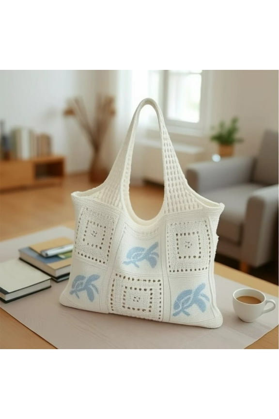 Knit Tote Bag with Turtle Pattern, Large-Capacity Woven Shoulder Bag, Soft Cotton Knit Handbag for Daily Use, Casual Beach Shopping Bag (White & Light Blue)