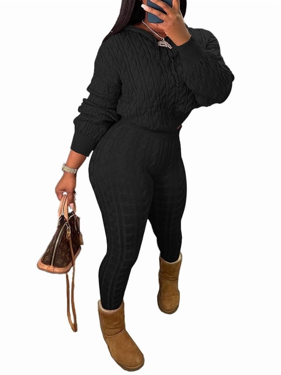 Knit Two Piece Outfits For Women Hooded Sweater Sets Long Sleeve Knit Sweater Outwear Sets Black M