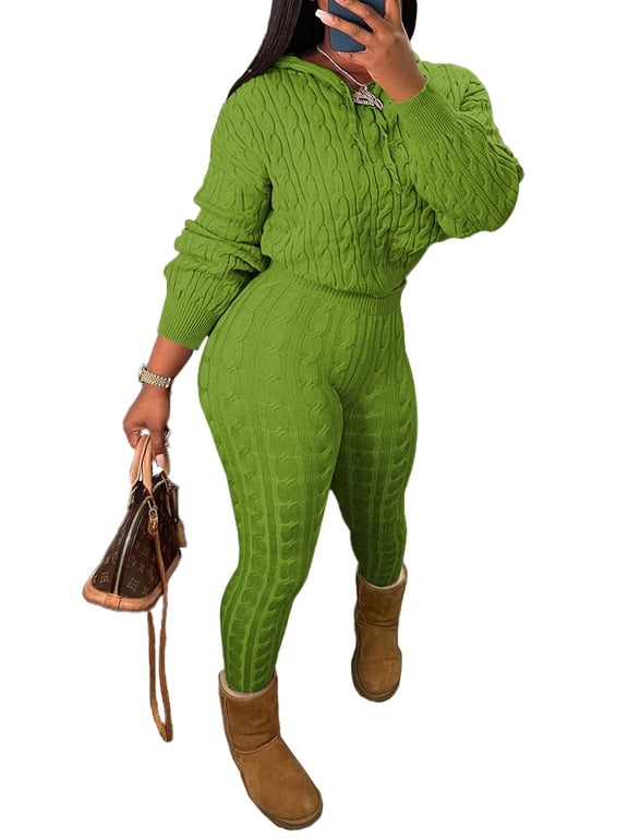 Knit Two Piece Outfits For Women Hooded Sweater Sets Long Sleeve Knit Sweater Outwear Sets Grass Green S