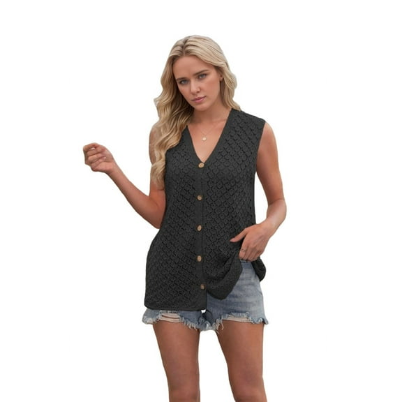 Knit Vest for Women Spring Summer V Neck Sleeveless Sweater Button Down Cardigan Casual Cute Tank Tops Black XL