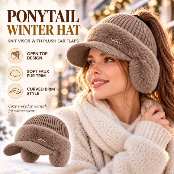 Knit Visor Beanie for Women Ponytail Winter Hat with Brim Ear Flaps Plush Trim Open Top Knitted Baseball Cap
