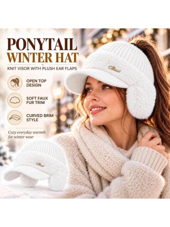 Knit Visor Beanie for Women Ponytail Winter Hat with Brim Ear Flaps Plush Trim Open Top Knitted Baseball Cap