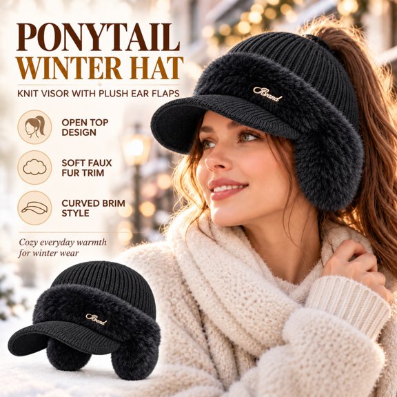 Knit Visor Beanie for Women Ponytail Winter Hat with Brim Ear Flaps Plush Trim Open Top Knitted Baseball Cap