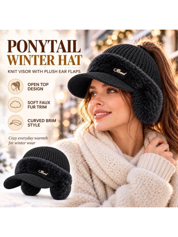 Knit Visor Beanie for Women Ponytail Winter Hat with Brim Ear Flaps Plush Trim Open Top Knitted Baseball Cap