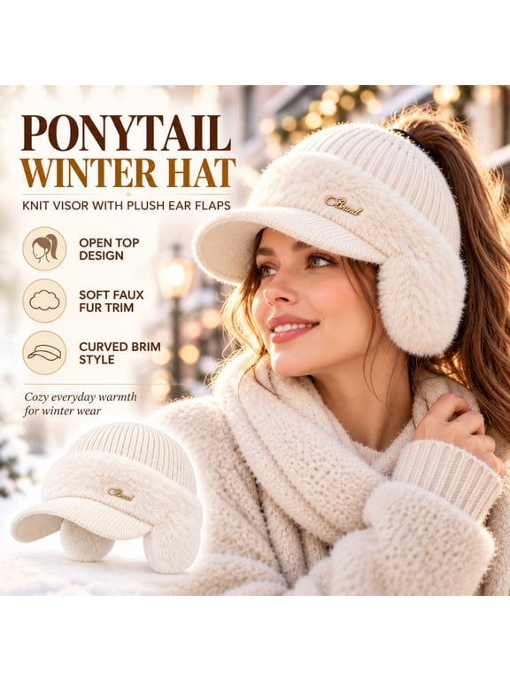 Knit Visor Beanie for Women Ponytail Winter Hat with Brim Ear Flaps Plush Trim Open Top Knitted Baseball Cap