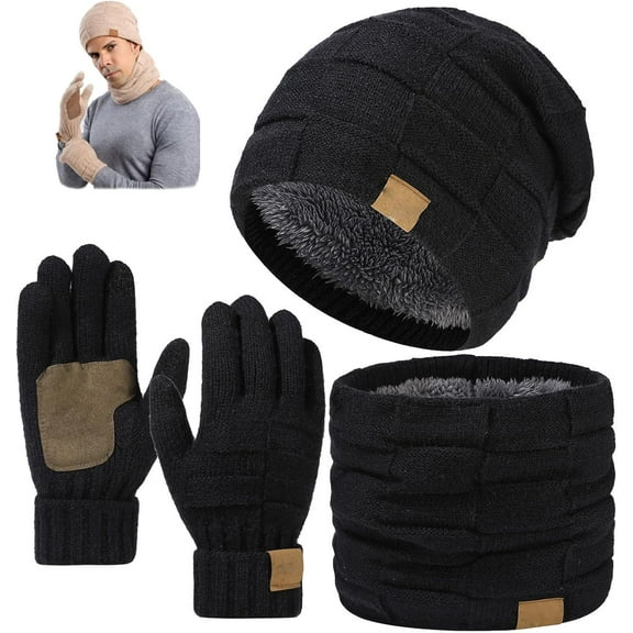 Knit Winter 3-Piece Set with Windproof Knit Hat, Scarf and Gloves, Warm Stretchy for Cold Weather