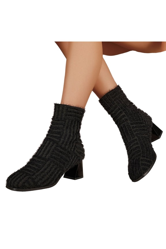 Knit Winter Ankle Boots for Women Cute Square Toe Stretch Slip on Block Heel Dressy Sock Booties