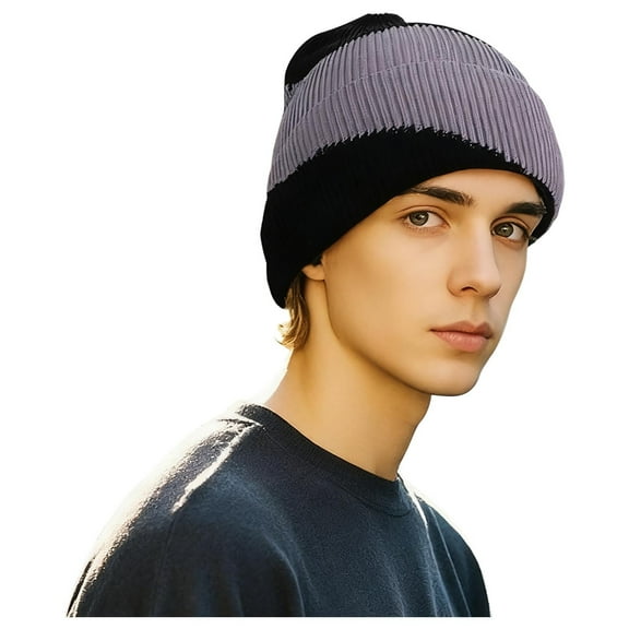 Knit Winter Hat for Men and Women Warm Color Block Hats Slouchy Cuffed Beanie Gray