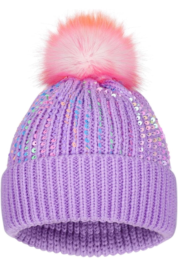 Knit Winter Hats with Pompom for Ages 3-14 Girls Warm Snow Ski Cap with Sparkly Sequin or  Rhinestones