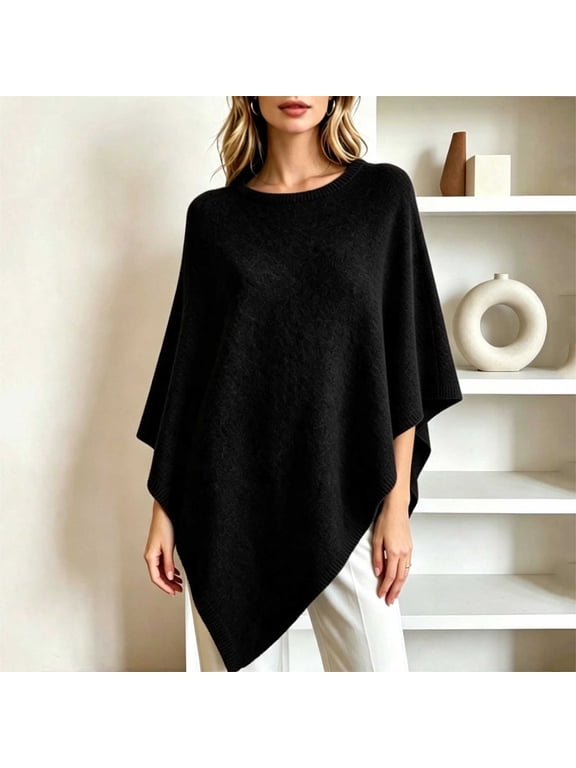 Knit Women Poncho Cape Style Crewneck Batwing Loose Fit Pullover Asymmetrical Winter Casual Sweater Free Size