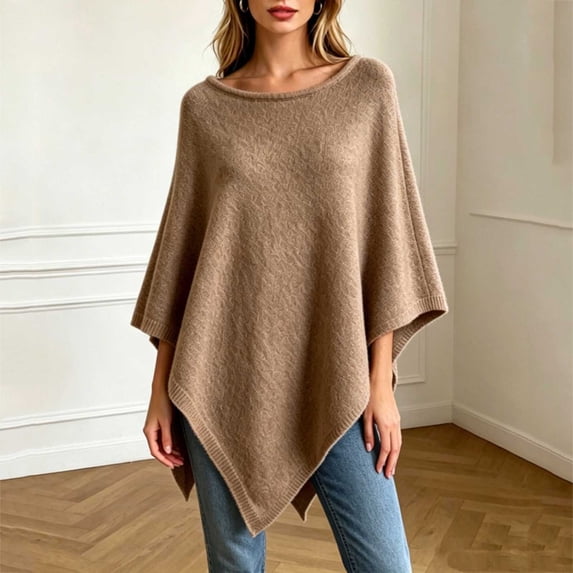 Knit Women Poncho Cape Style Crewneck Batwing Loose Fit Pullover Asymmetrical Winter Casual Sweater Free Size