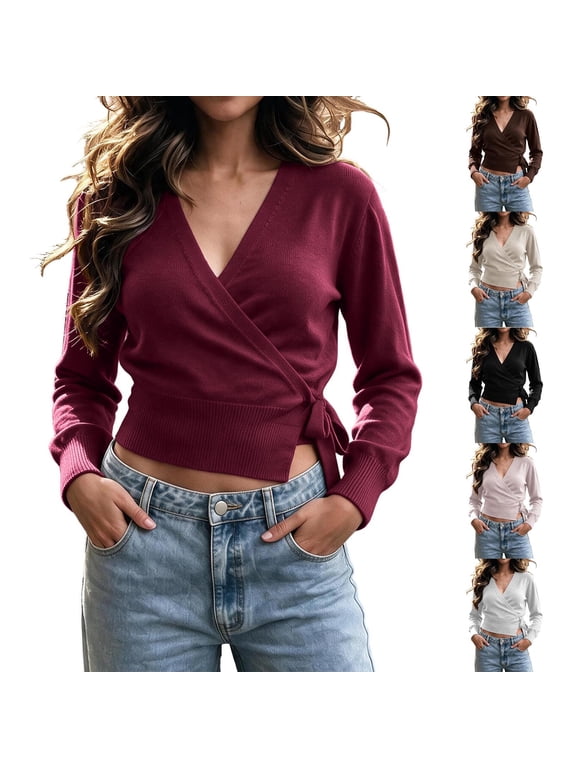 Knit Wrap Cropped Sweater for Women, V-Neck Long Sleeve Side Tie Slim Fit, Fall Stylish Casual Lightweight S-XL