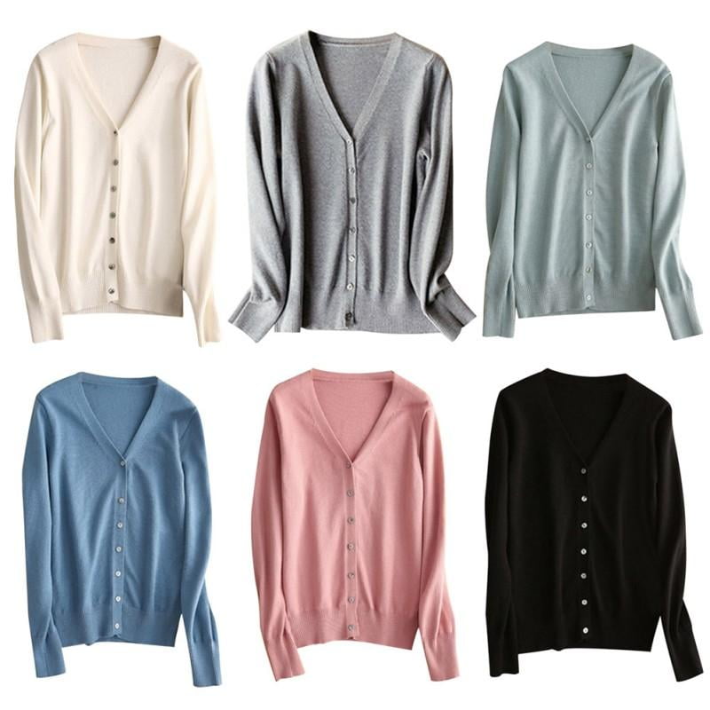 Knit cardigan women's thin knit jacket long sleeve solid color V-neck ...