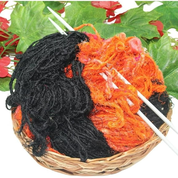 Knitsilk Handspun Recycled Sari Silk Yarn | Black & Orange Combo | 100g x 4 Count | (400 Grams), 50-70 Yards/Ball | Eco-Friendly Bulky Yarn for Vibrant Knitting, Crocheting & Weaving