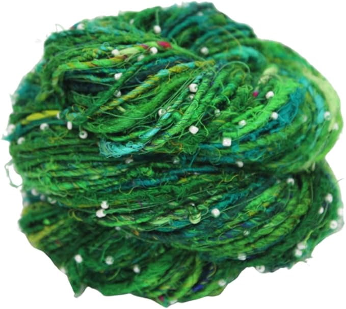 Knitsilk Recycled Sari Silk Beads Yarn - Green, 80+ Yards, 100g x 2 Count | 200 Grams | Eco-Friendly Handcrafted Material for Knitting, Crochet, and & Weaving