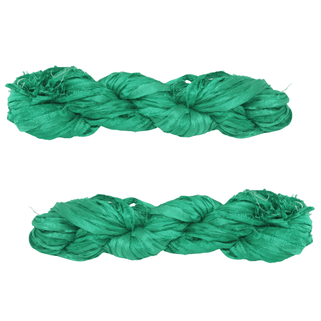 Knitsilk Recycled Sari Silk Ribbon Yarn|Best for Crochet, Knitting, and Embroidery |Sustainable and Unique|50 GMS-30Yards-Green|Pack of 2