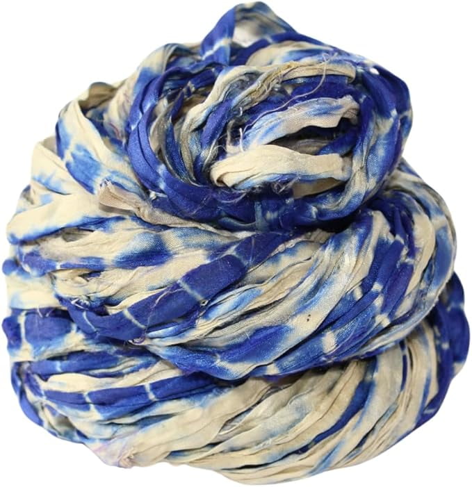 Knitsilk Recycled Shibori Sari Silk Ribbon Yarn-Blue|Best for Crochet ...