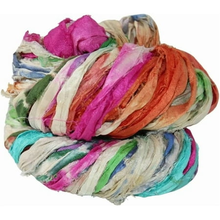 Knitsilk Recycled Shibori Sari Silk Ribbon Yarn- Great for Rug Making, Crochet, Knitting, Embroidery, and Jewelry Making |Sustainable and Unique Texture Ribbon Yarn|50 GMS-30 Yards-Multicolor |