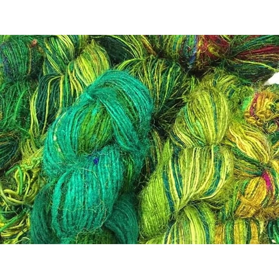 Knitsilk Regular Recycled Sari Silk Yarn - Ocean of Green (100 Grams, 50-70 Yards) Eco-Friendly Yarn, Knitting, Jewelry Making, Unique Craft Supplies