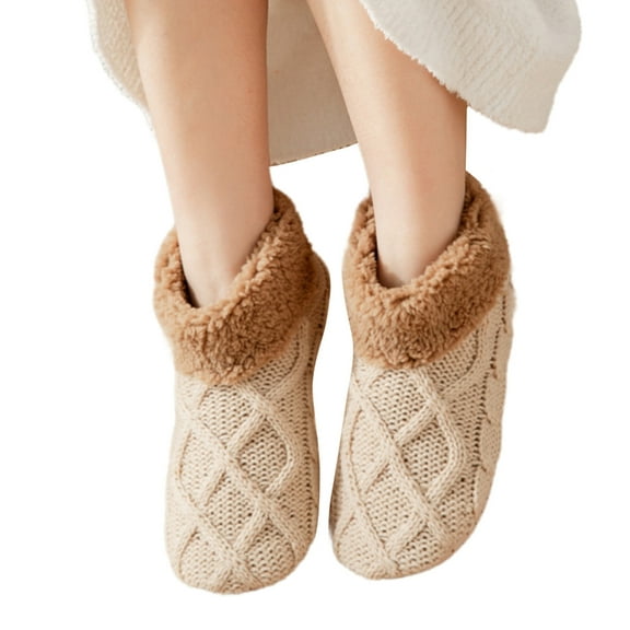 Knitted Ankle Slipper Socks Thick Fleece Lined Nonslip Grip Socks for Safety