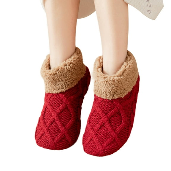 Knitted Ankle Slipper Socks Thick Fleece Lined Nonslip Grip Socks for Safety