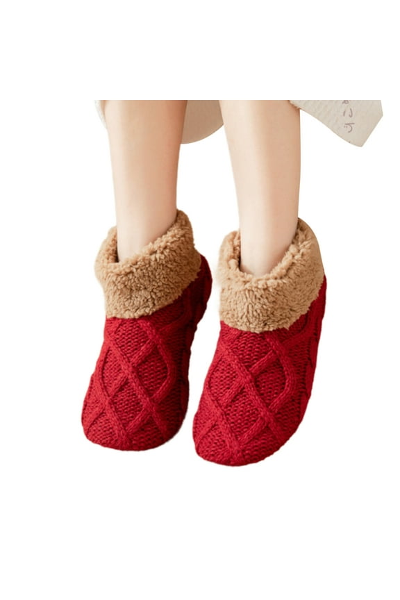 Knitted Ankle Slipper Socks Thick Fleece Lined Nonslip Grip Socks for Safety