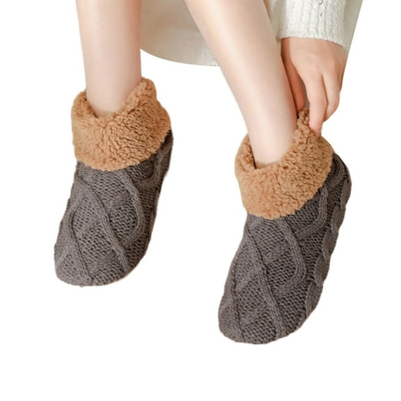 Knitted Ankle Slipper Socks Thick Fleece Lined Nonslip Grip Socks for Safety