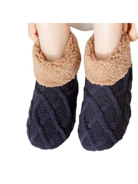 Knitted Ankle Slipper Socks Thick Fleece Lined Nonslip Grip Socks for Safety