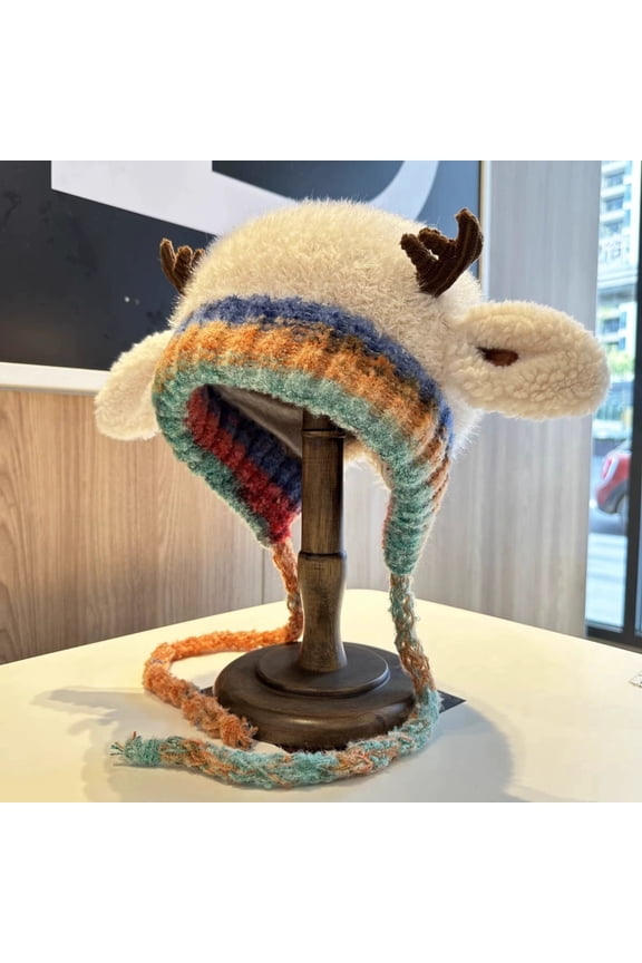 Knitted Antler Hat under $5! Yannianjz Cute Antler Hat Winter Knit Beanie with Ear Flaps, Warm Cold-Proof Adjustable Ear Protection Hat, Face Flattering Knitted Cap for WomenGirls
