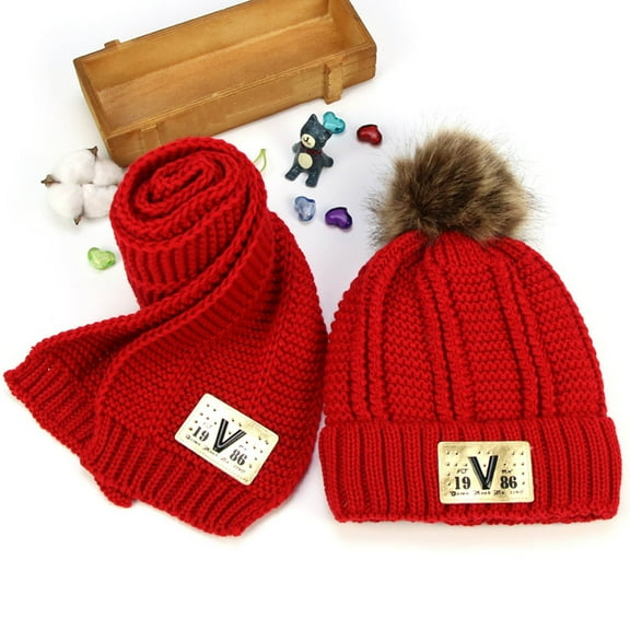 Knitted Baby Hat Winter Warm Boys Girls Beanie Fleece Lining Toddler Kids Hat with Scarf Set Red 3-16 Years