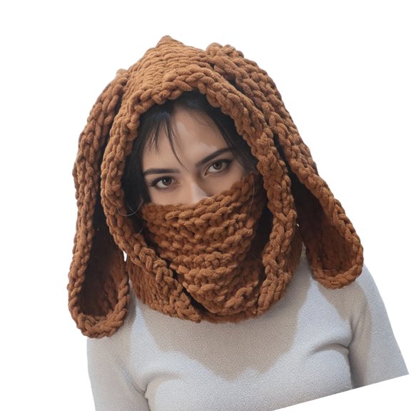 Knitted Balaclava Scarf Hat Women Winter Warmth Earmuffs Hat with Rabbit Ears