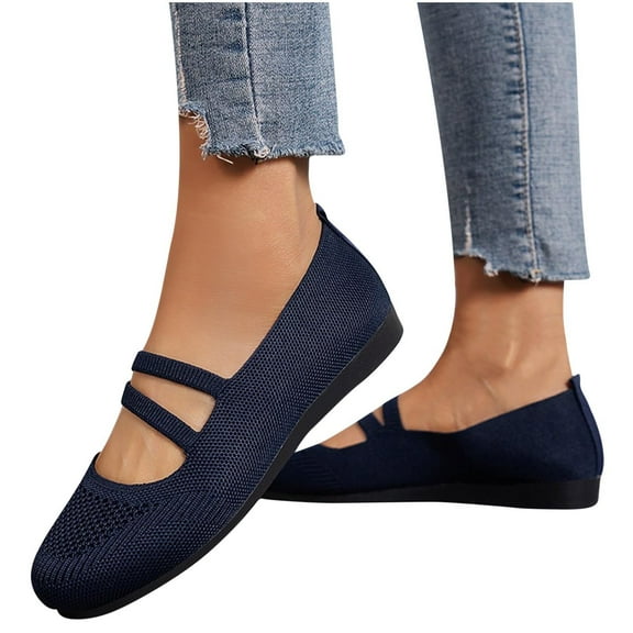 Knitted Ballet Flats for Women Ladies Round Toe Strappy Comfortable Formal Dress Loafers Casual Slip On Walking Driving Shoes for Work Nurse