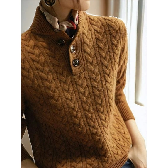 Knitted Baseball Collar Twisted Rope Texture Buttoned Sweatshirt, Brown, Small