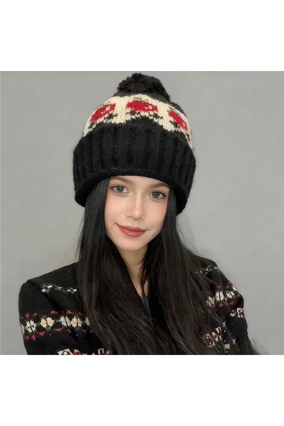 Knitted Beanie Hat for Women with Pom Pom, Cute Strawberry and Heart Pattern Winter Warm Hat, Slouchy Ear Flap Beanie for Cold Weather, Daily Wear and Fashion Outerwear