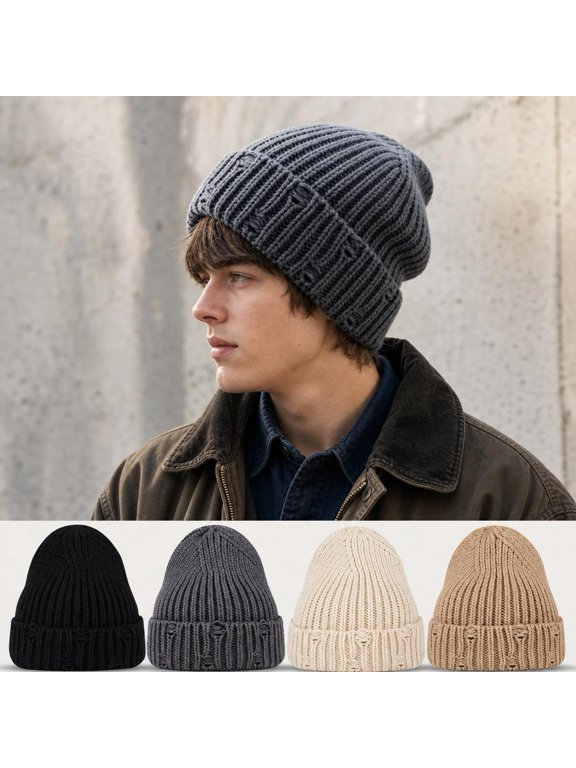 Knitted Beanie Hat for Men Women, Winter Stretch Hat with Ribbed Cuff, Distressed Ripped Knit Skull Cap for Outdoor Casual Wear
