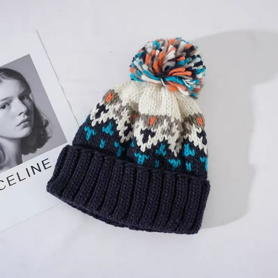 Knitted Beanie Hat with Colorful Warm Winter Hat Ski Cap for Women Cold Weather Headwear Dark Blue Free