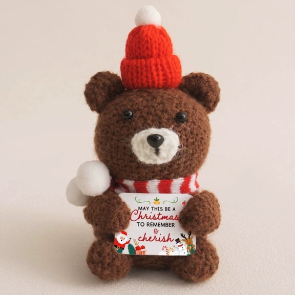 Knitted Bear under $5! Cagogo Knitted Brown Bear Christmas Doll, Crochet Teddy Bear with Encouragement Message, Holiday Shelf Decor, Winter Gift for Coworkers, Festive Home Ornament