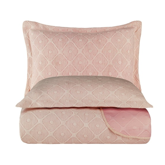 Knitted Bedspread Set, Polka Dot Squares Quilted Super Soft Heavyweight Durable Cotton Blend Bedding Set 3 Pcs Pillow Sham Hotel Series Quality Bedroom Decor All Season, 3 Sizes, Blush, by Ambesonne