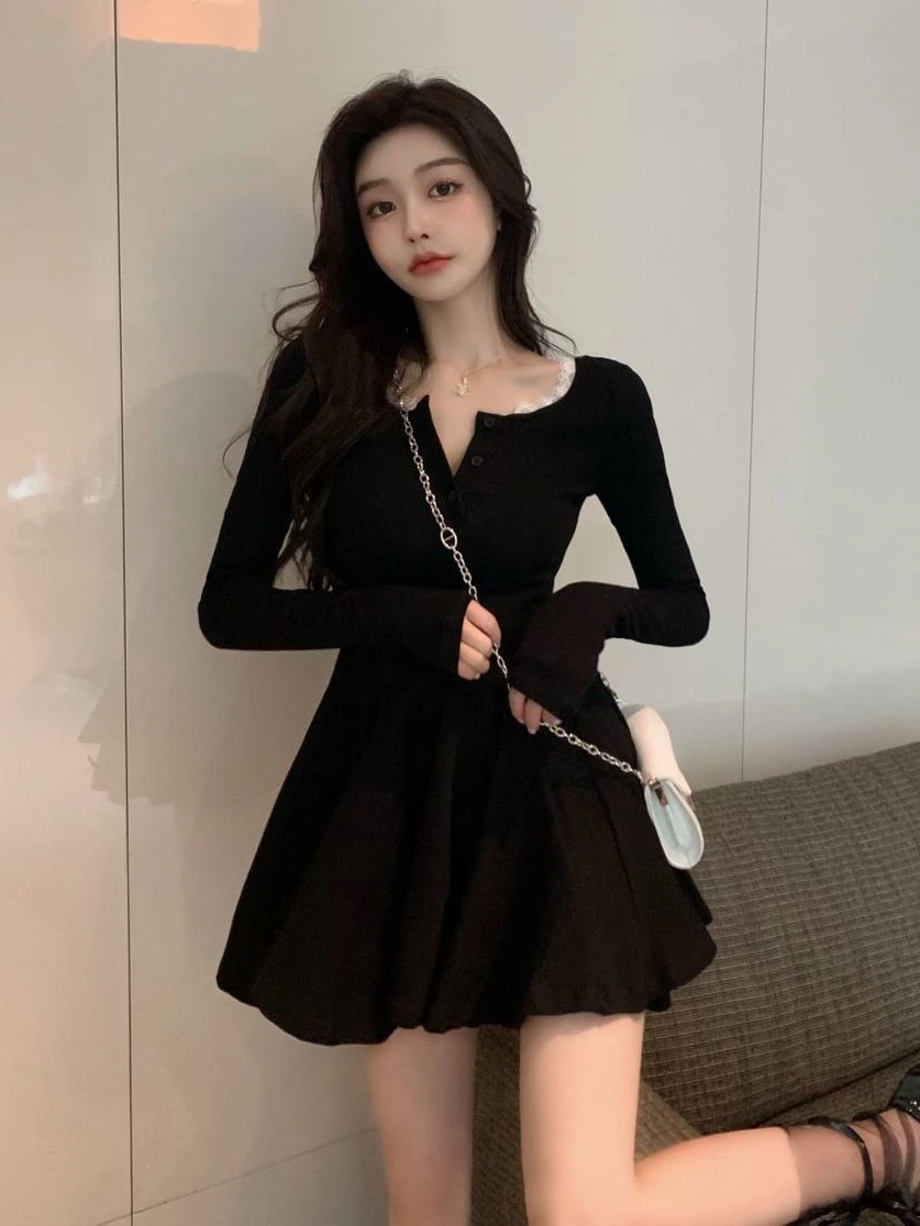 Knitted Black Wrap Dress Women Korean Style Bodycon Lace Long Sleeve Short  Dresses 2022 Autumn Kpop Outfits Solid - Walmart.com