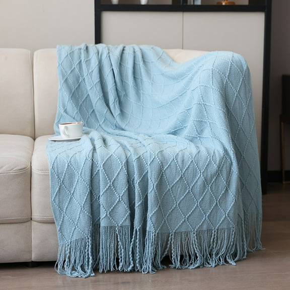 Knitted Blanket, Gaqring Soft Fringed Sofa Throw, Premium Microfiber 180x130cm Cozy Sleeping Blanket Machine Washable All Season, Blue