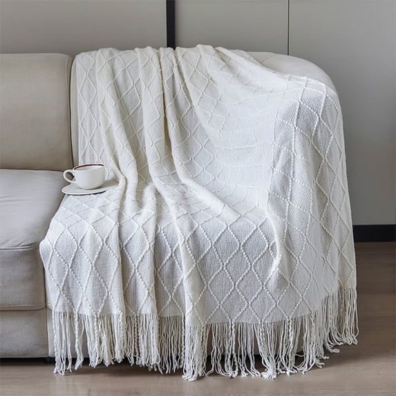 Knitted Blanket, Gaqring Soft Fringed Sofa Throw, Premium Microfiber 180x130cm Cozy Sleeping Blanket Machine Washable All Season, White