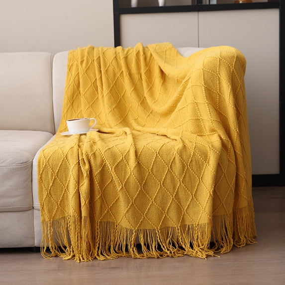 Knitted Blanket, Gaqring Soft Fringed Sofa Throw, Premium Microfiber 180x130cm Cozy Sleeping Blanket Machine Washable All Season, Yellow
