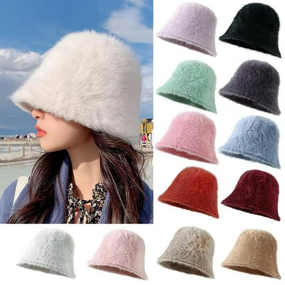 Knitted Bucket Hat Plush Fuzzy Fur Hat Fluffy Winter Hats for Women and Men Warm Hat