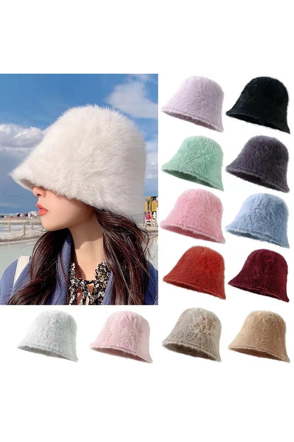 Knitted Bucket Hat Plush Fuzzy Fur Hat Fluffy Winter Hats for Women and Men Warm Hat