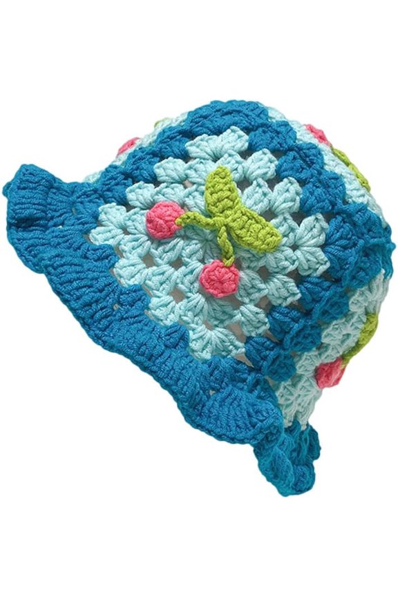 Knitted Bucket Hat for Women Cherry Print Handmade Crochet Hat Foldable Beach Sun Hat for Travel Holiday