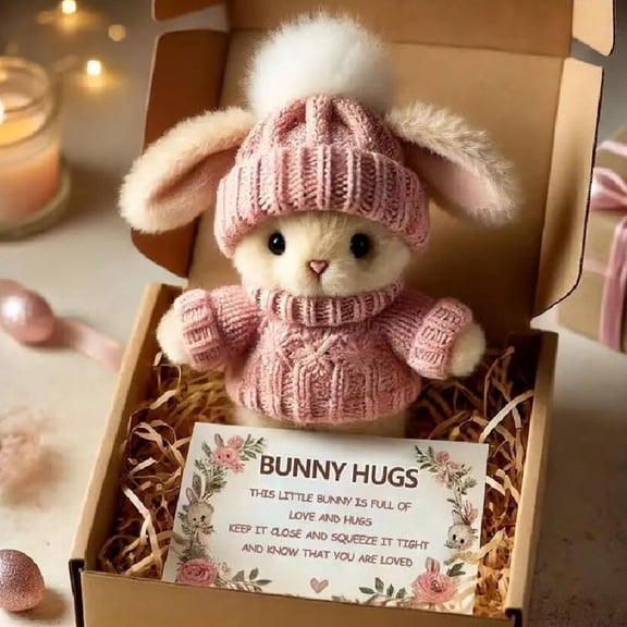 Knitted Bunny Plush with Hat, 5x9cm Easter Gift with Gift Box, Cuddly Toy for Gifting & Decor